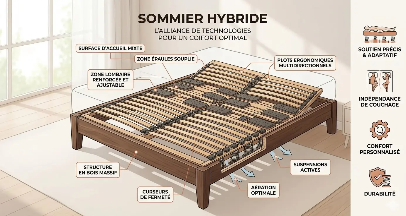 Schéma d'un sommier à lattes adapté à un matelas ressorts