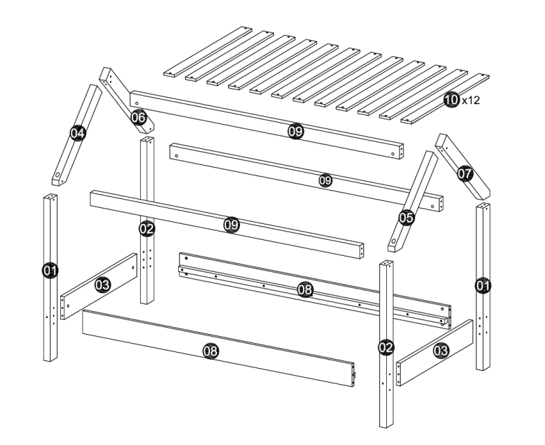 Plan lit cabane 90x190 vue éclatée 3D avec numérotation des pièces