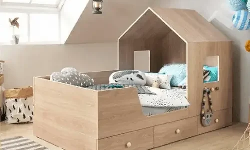 Lit cabane bas 70x140 ou 90x190 avec barrières amovibles