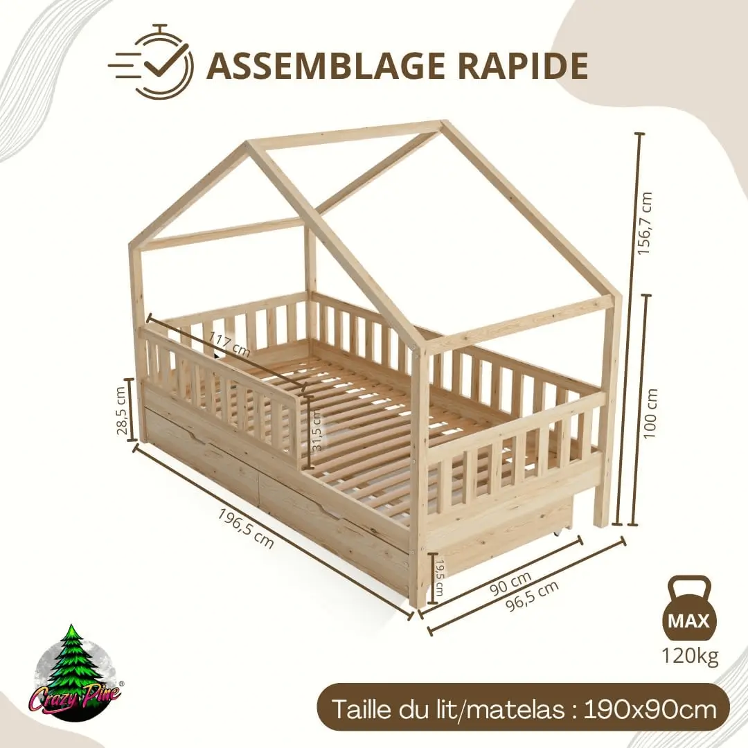 Lit cabane Montessori avec rangement - Vue 2