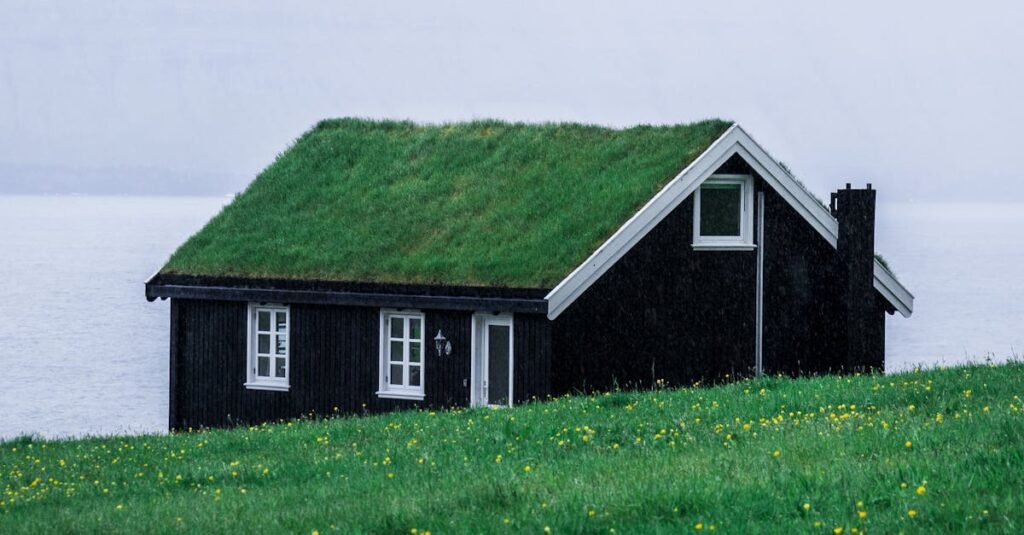 Charming black wooden house with a grass roof in the tranquil Faroe Islands landscape.