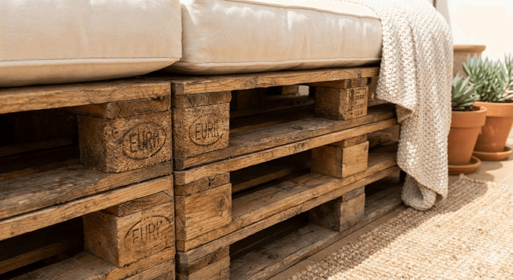 Canapé en palette terminé avec coussins