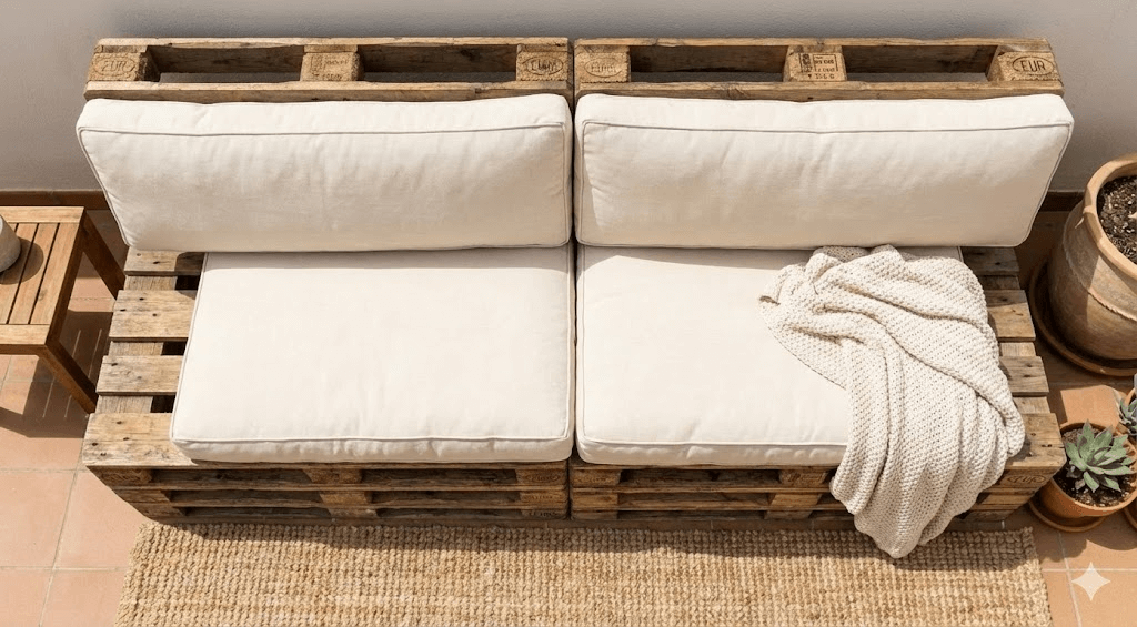 Vue 3D d un canapé palette en bois brut