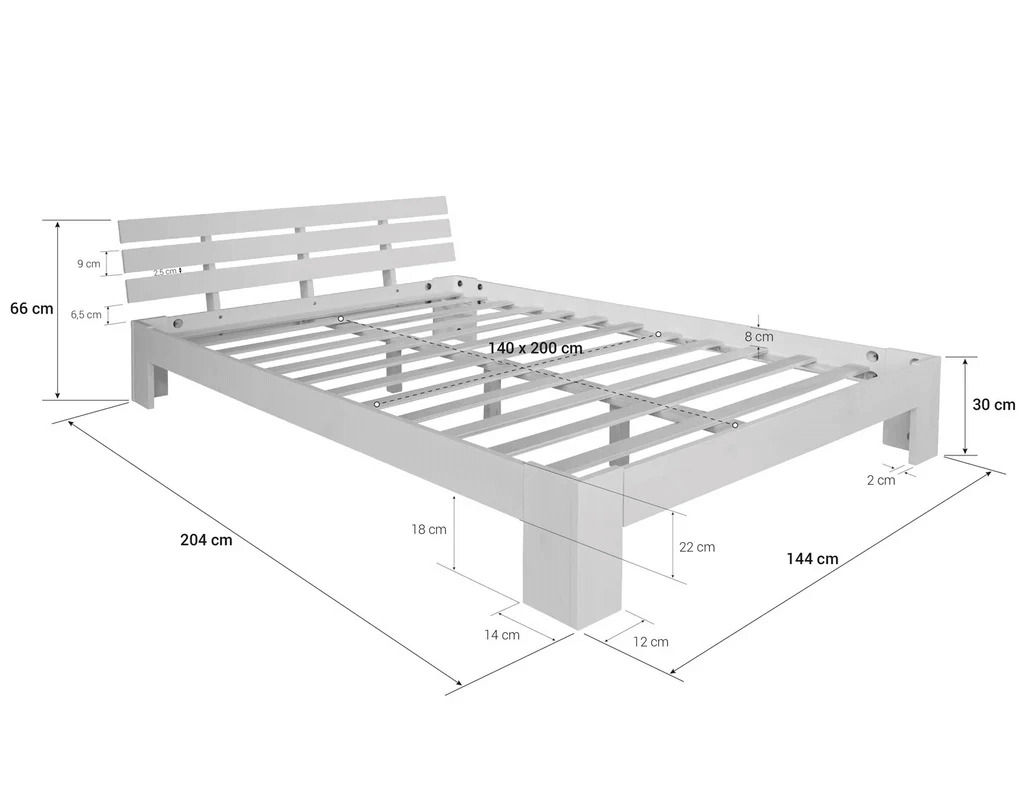 Plan de lit en bois - Vue de côté avec dimensions
