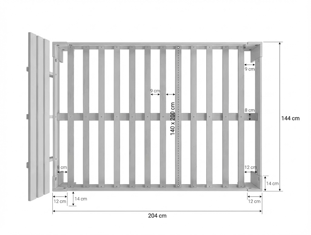 Plan de lit en bois - Vue en plongée avec détails de construction