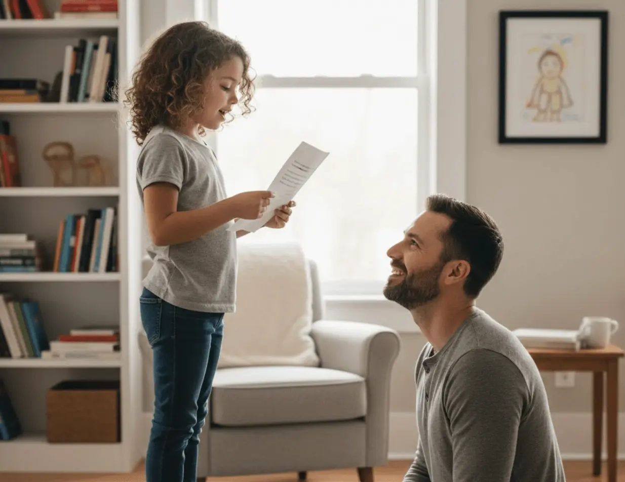 Enfant souriant offrant un dessin fait main à son papa ému dans un intérieur familial chaleureux