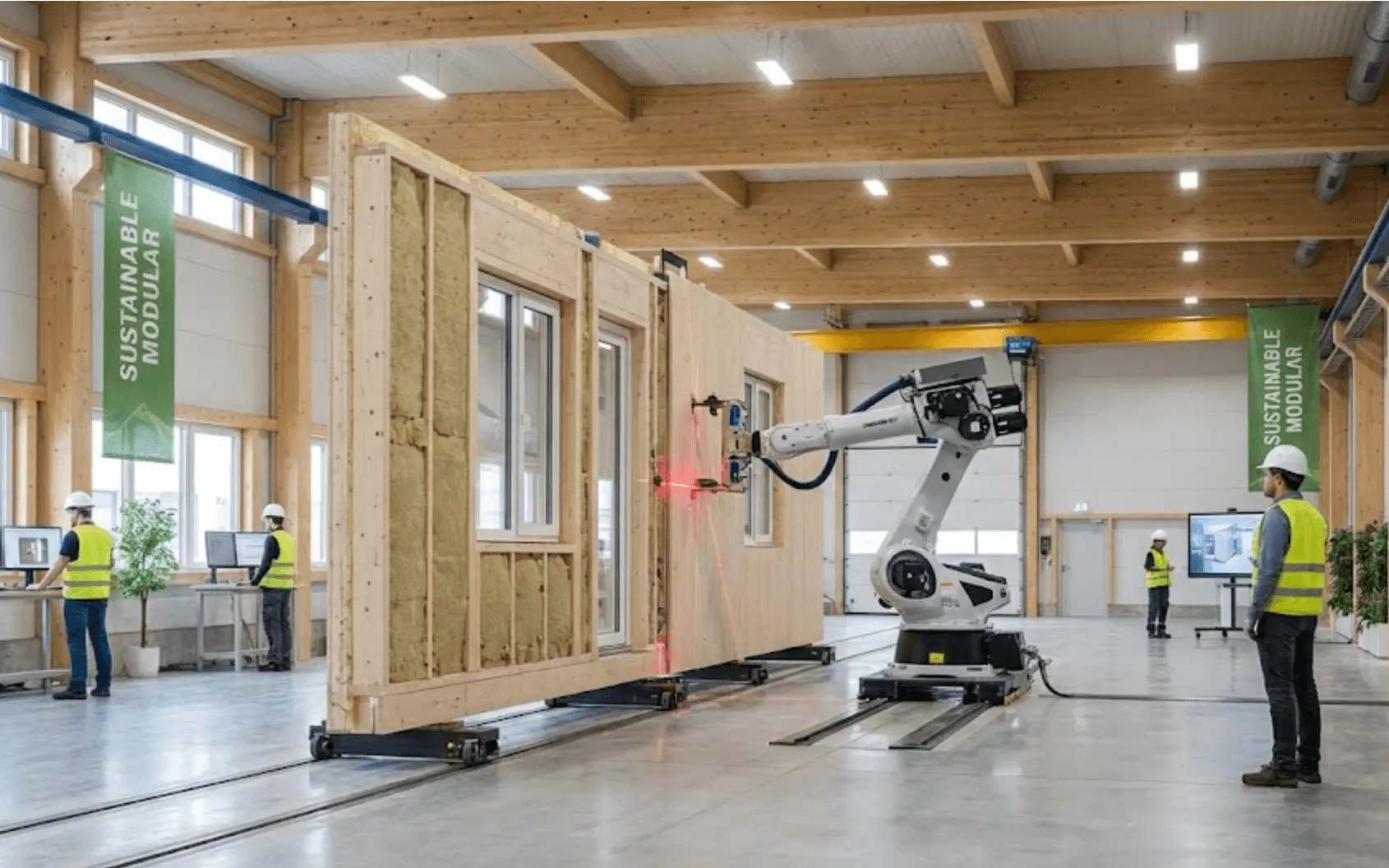 Maison modulaire écologique en cours d'assemblage sur chantier