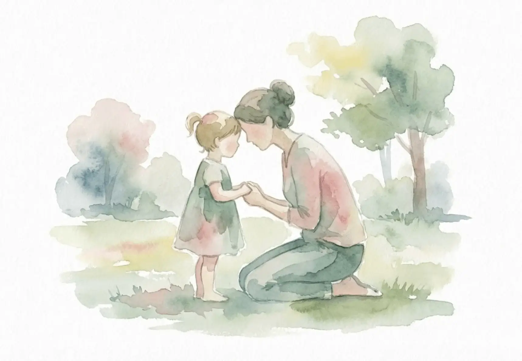 Illustration aquarelle douce : parent et enfant front contre front, symbole de réconciliation et de gestion de la culpabilité